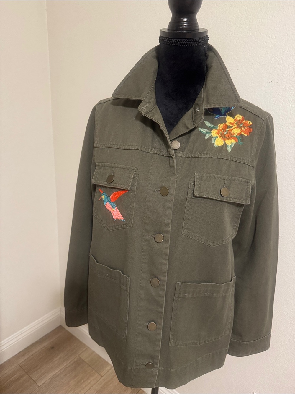 Who What Wear Olive Green Utility Jacket with Floral & Hummingbird Embroidery